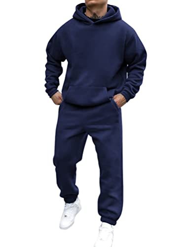 shownicer Survêtement Homme Ensemble Jogging Sweats À Capuche Et Sport Pantalons Automne Hiver Couleur Unie Gym Jogging Sportswear Tenue De Couple A Marine XXL