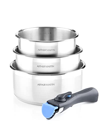 Arthur Martin, Batterie de Cuisine 4 Pièces en Aluminium Forgé, Intérieur Satiné avec Graduation, Fond Capsule, 1 Poignée Amovible, tous Feux dont Induction - 3 Casseroles (16,18 et 20 cm)