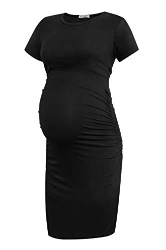 Smallshow Robe de Maternité à Manches Courtes pour Femmes Vêtements de Grossesse Froncés,Black,M