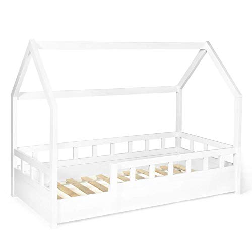 IDMarket - Lit cabane Enfant 80 x 160 CM NEREE Blanc avec sommier et barrières