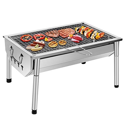 SunJas Barbecue Charbon de Bois INOX Ajustable Barbecue Démontable en Acier Portable BBQ Exterieur Grille sur Pied pour Jardin Pique-Nique Camping