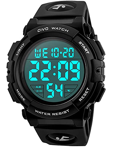 CIVO Montre Homme Sport Militaire étanche Montre Digitale Chronomètre Alarme Lumière LED Montres Bracelet Hommes Numerique Mode Grand Cadran Noir