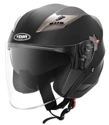 YEMA Casque Moto Jet Homme ECE Homologué YM-627 Casque Femme Scooter Ouvert Adulte Vintage Double Visière-Noir Mat-M