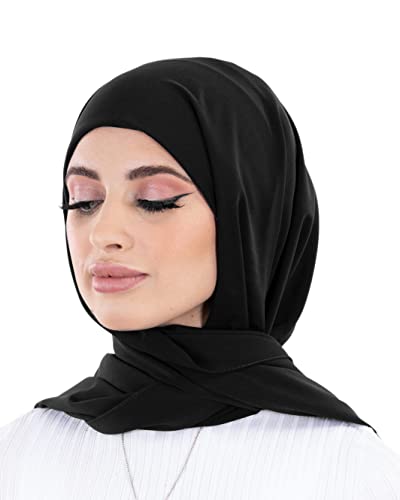 Hijab à enfiler en soie de médine avec bonnet intégré Made in Turquie pour femme musulmane voilée (Noir)