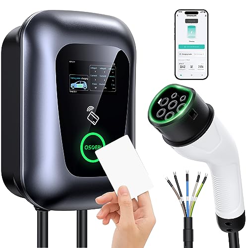 Osoeri Borne de Recharge Véhicules Électrique, EV Chargeur Monophasé ou Triphasé Câble de Type 2 de 5m avec Contrôle RFID et APP, 32A Station de Charge Standard IEC 62196-2 pour Ménage, 22kW Max