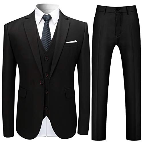 Costume Homme 3 Pcs Costard Blazer Veste et Pantalon Gilet Mariage Party Smoking, Noir, M