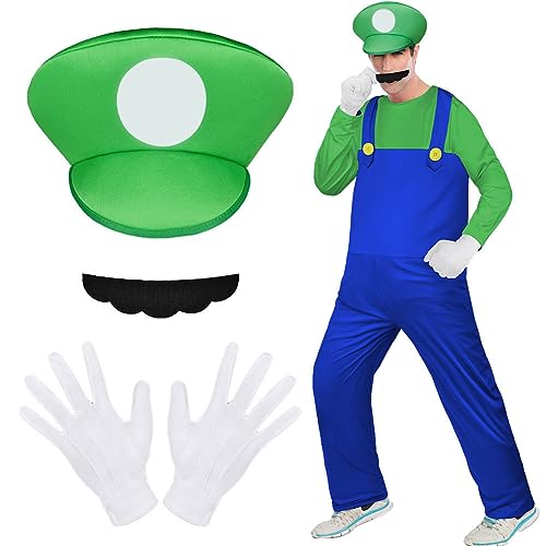 Aomig Costume de Héros d'enfance pour Adulte, Mario Luigi-Bros Costume de Cosplay, Bonnet, Pantalon, Barbe, Gants, Costume de Carnaval pour Homme,Femme,Adulte,Enfant, Adolescent, Vert