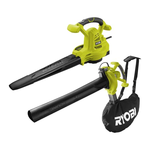 RYOBI - Souffleur Aspiro-Broyeur 2800W 2-en-1 - Vitesse Soufflerie 345 km/h - Décharge de Traction - Travail Confortable dans la Durée - Livré avec Harnais Bretelle Vertebrae & Buse Plate - RBV2800CSV