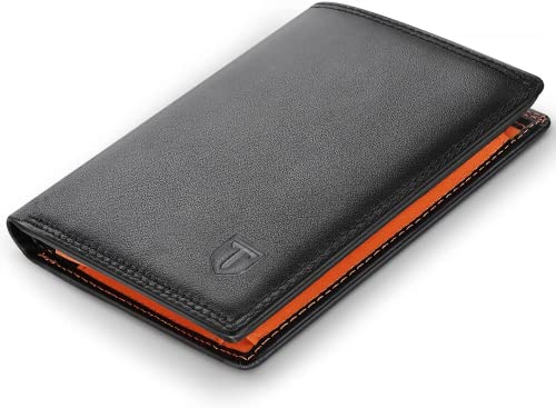 TEEHON Portefeuille Homme en Cuir Véritable Porte-Monnaie avec Blocage RFID/NFC 13 Porte Carte Crédit, 2 Compartiment à Billets, Grande Poche à Monnaie, Classique Porte Feuille Noir Orange