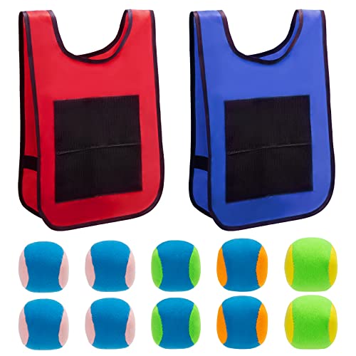MoonSing Gilets de Balle Collante, Jeu de Lancer Cible Balle avec 10 Boules, Dodgeball Jeux de Plein Air Ensemble pour Enfants Extérieure Intérieure Exercices, Rouge Bleu