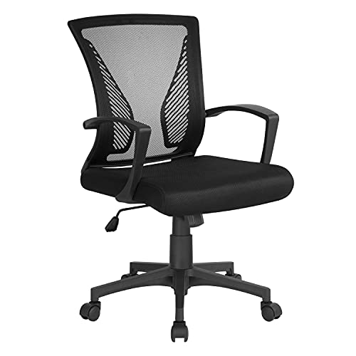 Yaheetech Chaise Bureau avec Siège Dossier en Maille Respirante Hauteur Réglable Fauteuil d'Ordinateur Inclinable à Roulettes Pivotantes Charge 136kg Noir