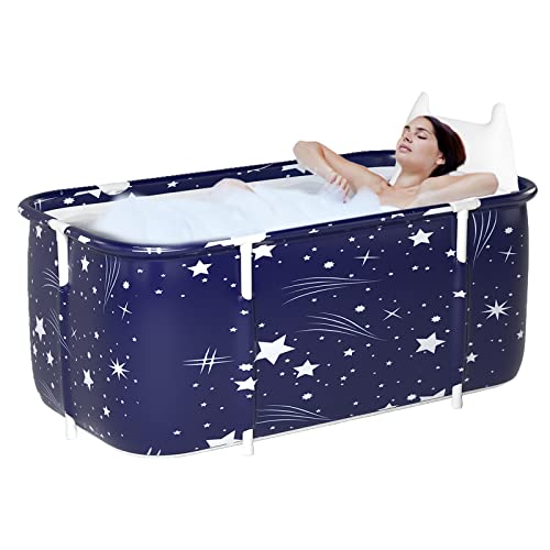 Sinbide Baignoire Pliable Adulte, Grand Antidérapant Baignoires Portable Mobile pour Douche, Pliante SPA Baignoire pour Petite Salle de Bain, Trempage Autoportante Baignoire, 132x68x47cm (Bleu)