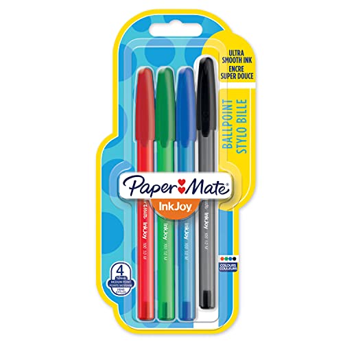 PAPER MATE InkJoy 100ST stylos bille avec bouchon, pointe moyenne (1,0 mm), rouge, vert, bleu et noir, lot de 4