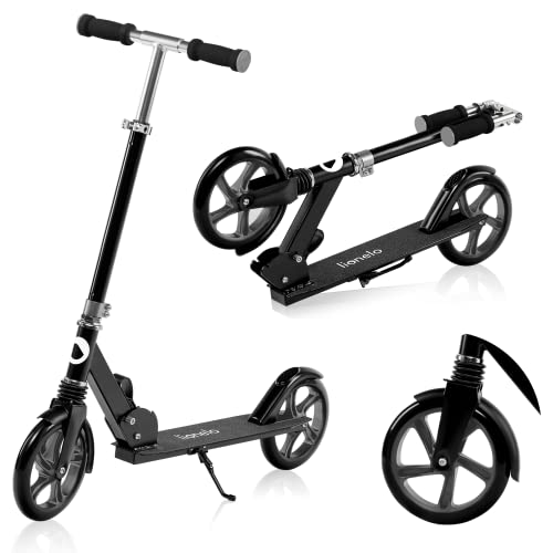 LIONELO Luca trotinette Enfant et Adultes jusqu'à 100 kg, Construction Durable, Pliage, Rapide, Guidon Ajustable, Roues à 20 cm, Amortisseur ShockResist Frein (Noir)