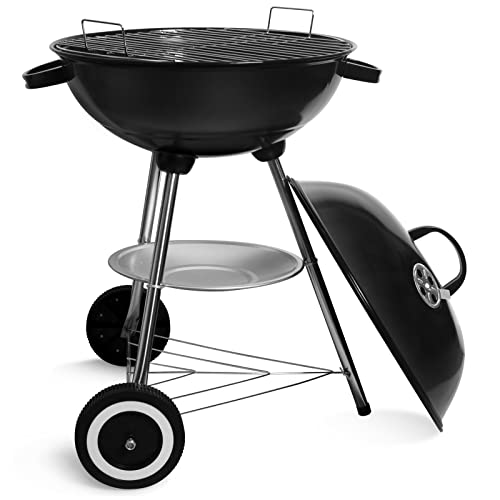 SunJas Barbecue à Charbon Rond, BBQ Mobile Barbecue Grill Portable de Jardin, avec Couvercle et 2 Roues - 46 * 44 * 70cm