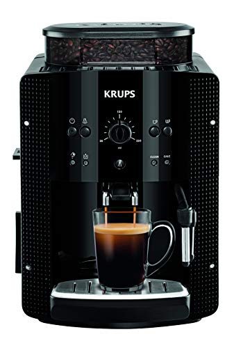 Krups Machine à café grain, 1,7 L, 2 tasses en simultané, Nettoyage automatique, Buse vapeur pour Cappuccino, Cafetière espresso, Essential noire YY8125FD, Noir