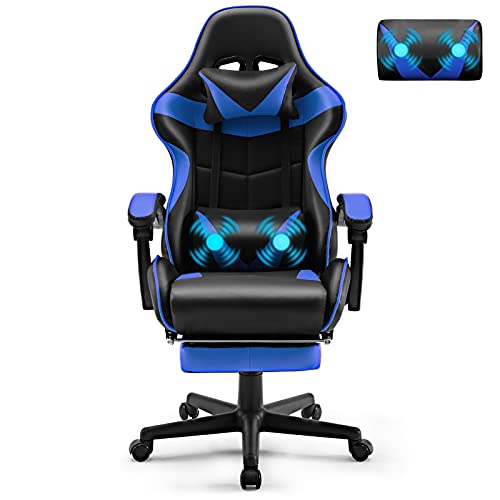 Soontrans Chaise Gaming Massante Ergonomique Fauteuil Gamer avec Support Lombaire Massage et Appui-tête et Repose-pied, Hauteur Réglable, Chaise Gamer pour Youtube Livestreaming Playstation Xbox (Bleu