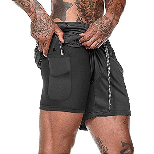 Compression Shorts Hommes Sport Séchage Rapide Short Course Pantalon Court Leggings Sport Poche Base Layer Stretch Fitness (FR/ES, Alpha/Lettres, L, Taille Normale, Taille Normale, Noir)