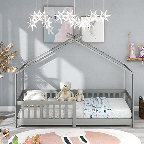 ModernLuxe Lit pour Enfant 90 x 200 cm, lit en Bois pour Enfants, avec Tableau, sommier à Lattes, Anti-Chute, en Bois de pin pour Enfants(sans Matelas) (Gris)