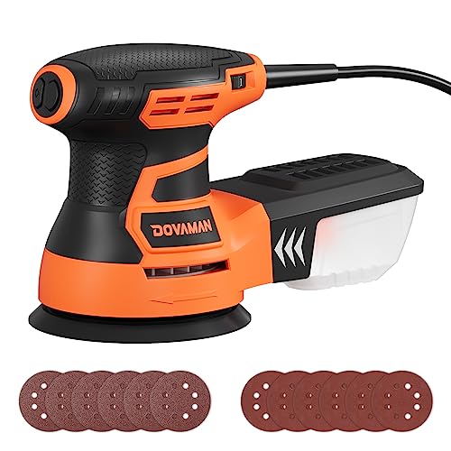 DOVAMAN ROS01A 350W Ponceuse Orbitale Excentrique, 6 Vitesses, 13000 tr/min, Papier Abrasif 12 Pièces, Patin de Ponçage 125mm, Collecteur de Poussière, pour Surfaces en Bois et Acier -Orange