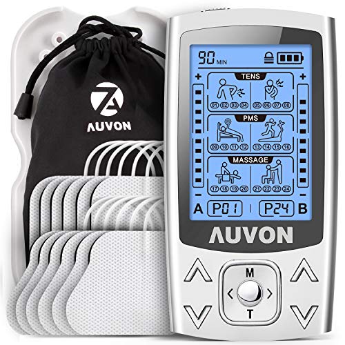 AUVON 3 EN 1 TENS EMS Electrostimulateur Musculaire de Canaux Double pour le soulagement de la douleur, la stimulation musculaire, et la massage relaxation, 24 programmes de Massage + 12 électrodes