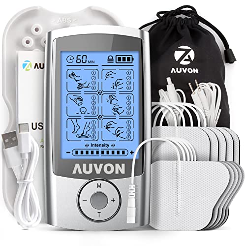 AUVON TENS electrostimulation appareil, un stimulateur musculaire anti-douleur rechargeable, avec 24 programmes d'entraînement, 2 canaux et 10 électrodes brevetées de haute qualité de 2" x 2"