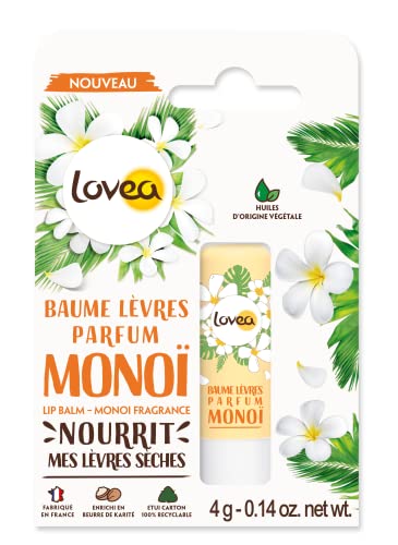 LOVEA - Baume À Lèvres - Parfum Monoï - Apaise, Nourrit & Adoucit - Pour Lèvres Sèches - Enrichi Au Beurre De Karité - À Base D'Huiles D'Origine Végétale - Fabriqué En France - 4 g