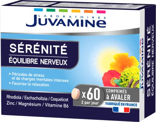 JUVAMINE - Sérénité - Équilibre Nerveux - Favorise La Relaxation et La Détente - A Base de Plantes et Minéraux - Magnésium, Vitamine B6, Rhodiola - 60 Comprimés - Fabriqué en France