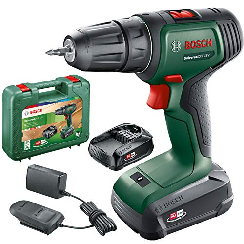 Bosch Home and Garden perceuse-visseuse sans fil UniversalDrill 18V (2 batteries, système 18 V, livré avec deux embouts de vissage et coffret)