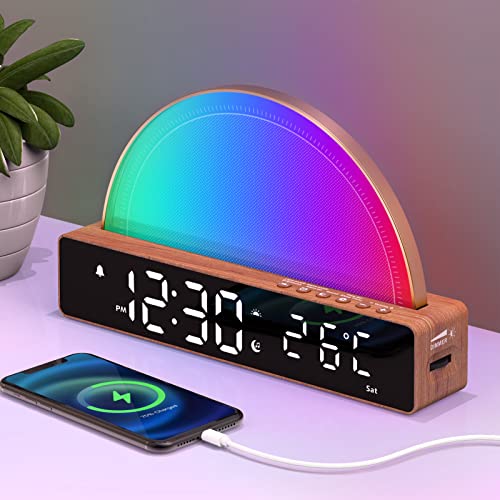 Réveil Lumineux, Lampe avec Simulation de Lever du Soleil, Snooze/6 Sonneries/10 Sons de Sommeil/Minuterie/Affichage Température, Lampe Atmosphère avec 7 Couleurs Changeantes, Port de Charge