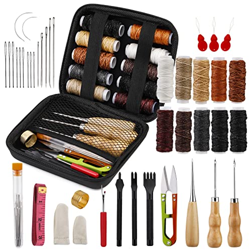 42 pièces Kit de couture en cuir Kit de réparation de rembourrage Outils et fournitures de travail du cuir avec aiguilles à coudre en fil ciré et poinçon à griffes pour projets d'artisanat