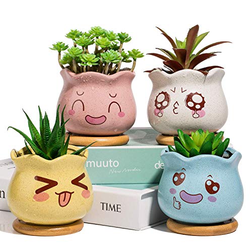 Yangbaga 4 Pcs Pot de Fleur en Céramique avec Plateau en Bambou et Mignons Décor émoticône, Pot de Succulent Jolie Déco pour Maison Etagere Bureau Jardin Salon