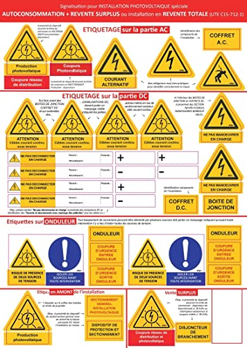 Kit 38 étiquettes adhésives Signalisation Photovoltaïque installations petite puissance 1 ou 2 onduleurs - Complet pour rendre installation solaire photovoltaïque conforme CONSUEL et UTE C15-712-1