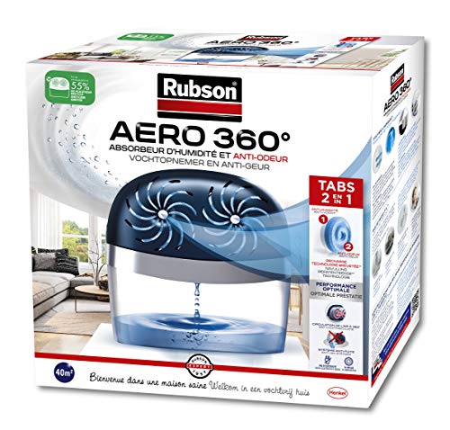 Rubson AERO 360° Absorbeur d'humidité pour pièces de 40 m², déshumidificateur d'air anti odeurs & anti moisissure, inclus 2 recharges neutres de 450 g