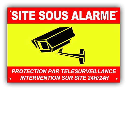 Panneau de Télésurveillance SITE sous Alarme en PVC + 4 Trous avec Texte : Protection par télésurveillance - Intervention sur site 24H/24H - CRJ (300 x 200 mm)