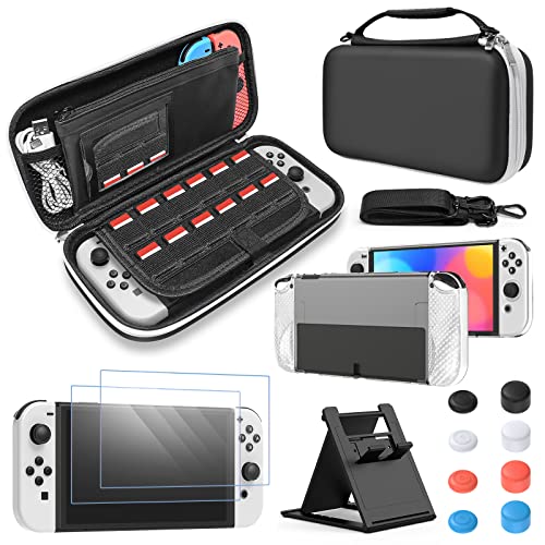 FYOUNG Étui de Transport et Housse de Protection, Kit Accessoires Compatible avec Switch OLED, Case de Voyage Portable, Coque pour Switch OLED, Protection D'écran, Capuchons de Pouce - Noir