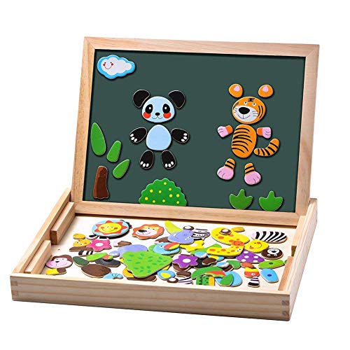 Uping Puzzles en Bois Magnétique 100 Pièces, Tableau Double Face Aimanté, Planche à Dessin Stylos Colorés Craies, Jouet Educatif Enfant 3 Ans Plus