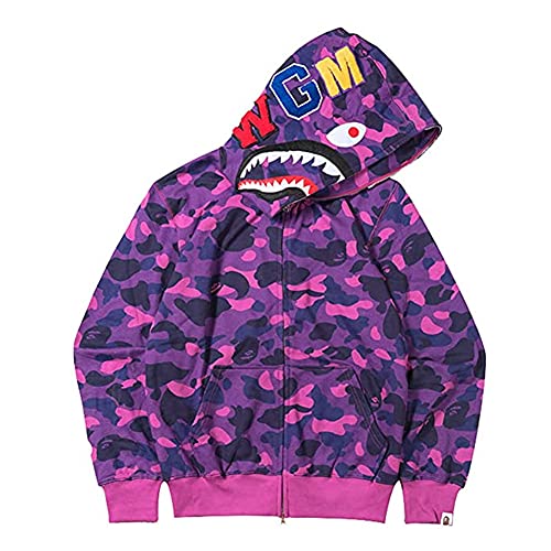 LIAOPUFUS Homme Shark Mouth Fashion Sweat à Capuche Zipper Manche Longue Hip Hop Street Wear Style Charnières Camouflage(M,Violet)