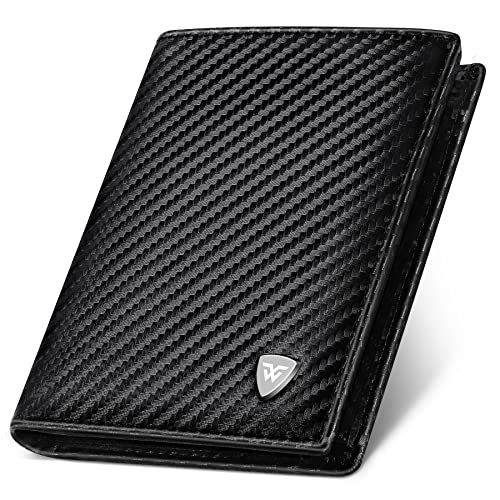 WONSEFOO Portefeuille pour Hommes en Cuir Carbone Bloquant RFID avec 11 Mmplacements | Portefeuille Vertical pour Hommes à Trois Volets | Cadeaux de Noël pour Hommes | Anniversaire | Noir