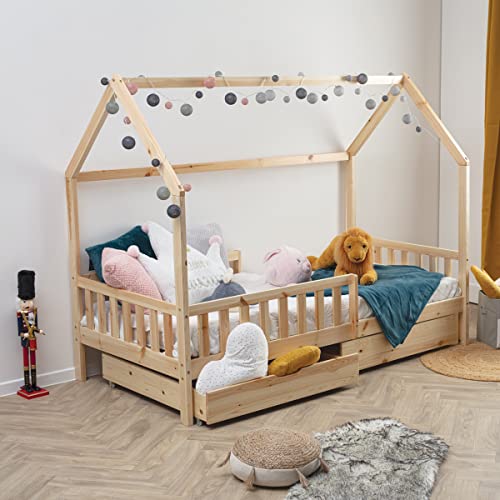 WEB2O Lit cabane pour Enfant en Bois Naturel 90x190 cm avec 2 tiroirs