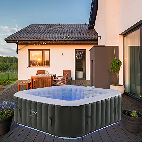 Arebos Spa Gonflable | Gonflable Automatique | Intérieur et extérieur | 185x185cm | 6 Personnes | Bande Lumineuse LED | 130 Jets de Massage | 910 L | avec Couvercle | Bubble Spa & Wellness Massage