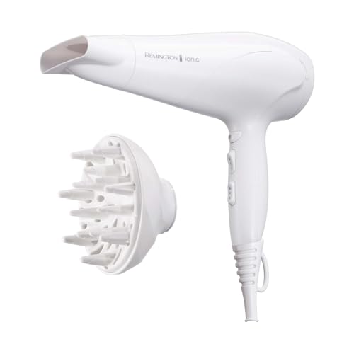 Remington Sèche-cheveux Ionique [Puissant & léger] Ionic Dry Blanc (2200 W, coiffage délicat en douceur & répartition uniforme de chaleur, 3 températures/ 2 vitesses, concentrateur, diffuseur) D3199