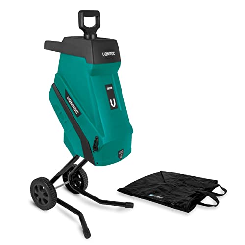 VONROC Broyeur de végétaux 2500W – Pour branches jusqu’à Ø45mm - Bac de ramassage de 45L et poussoir inclus - Fonction de sécurité