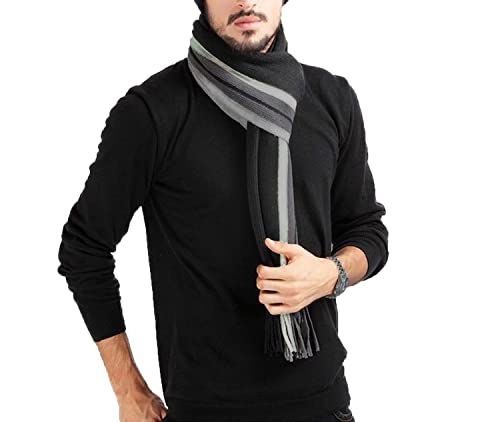 Écharpe Homme Stripes en Laine Acrylique Long Chaude Vogue en Automne/Hiver Souple Confortable Gris, Gris, Taille unique.