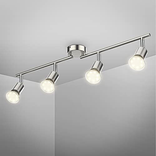 B.K.Licht plafonnier LED 4 spots pivotants & orientables, 4 ampoules LED 2,9W GU10, barre spots plafond salon salle à manger cuisine couloir, 2 bras tournants, lumière blanche chaude