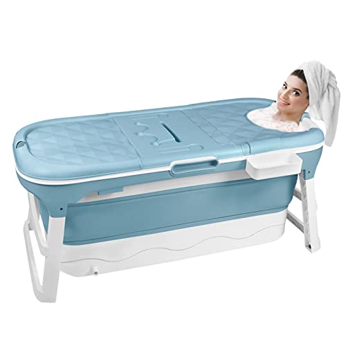 Uisebrt - Baignoire pour adulte - Pliable et portable - Avec couvercle amovible, panier à savon et rouleau de massage - Taille L - 128 x 62 x 53 cm - Convient pour petite salle de bain - Bleu