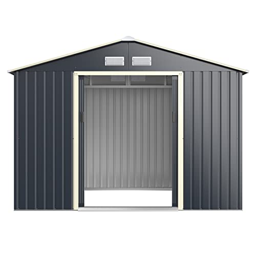 GOPLUS 5,3㎡ Abri de Jardin Métal, Cabine de Jardin Extérieur Portes Coulissantes, Cabane de Rangement à Outils, 277 x 191 x 202 cm, Gris