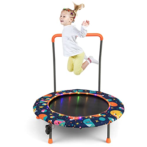 COSTWAY Trampoline Enfant Ø92CM avec 21 Lumières LED & Poignée Amovible, Mini Trampoline Exterieur Enfant avec Motif d'Astronaute & Tapis Antidérapant pour Enfant de 3-6 Ans