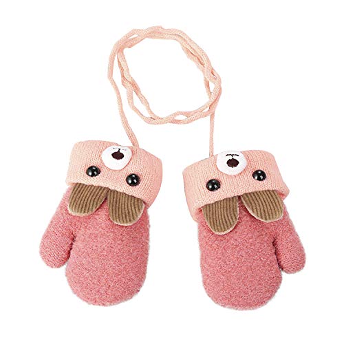 Moufles Bébé Thermique Mitaines Tricoté Crochet Chaud Douce Gants Plein-Doigts Motif Cartoon Mignon Ski Snowboard Camping Vélo pour Enfants Garçons Filles 0-3 Ans Taille Unique Rose