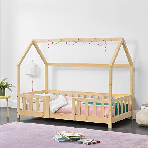 [en.casa] Lit d'enfant Design Forme Maison Construction Robuste Lit Cabane avec Grille de Protection Capacité de Charge 50 kg Bois de Pin Contreplaqué 140 x 70 cm Naturel